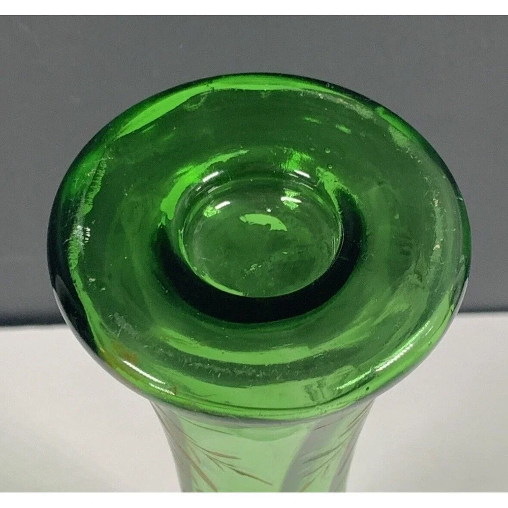 Emerald Green Glass Bud Vase Gold Etched Floral Art Mid Century Decor 8